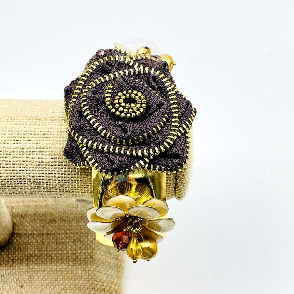Black Gold Tone Fabric Rose Cuff Bracelet Beaded Floral Statement Jewelry